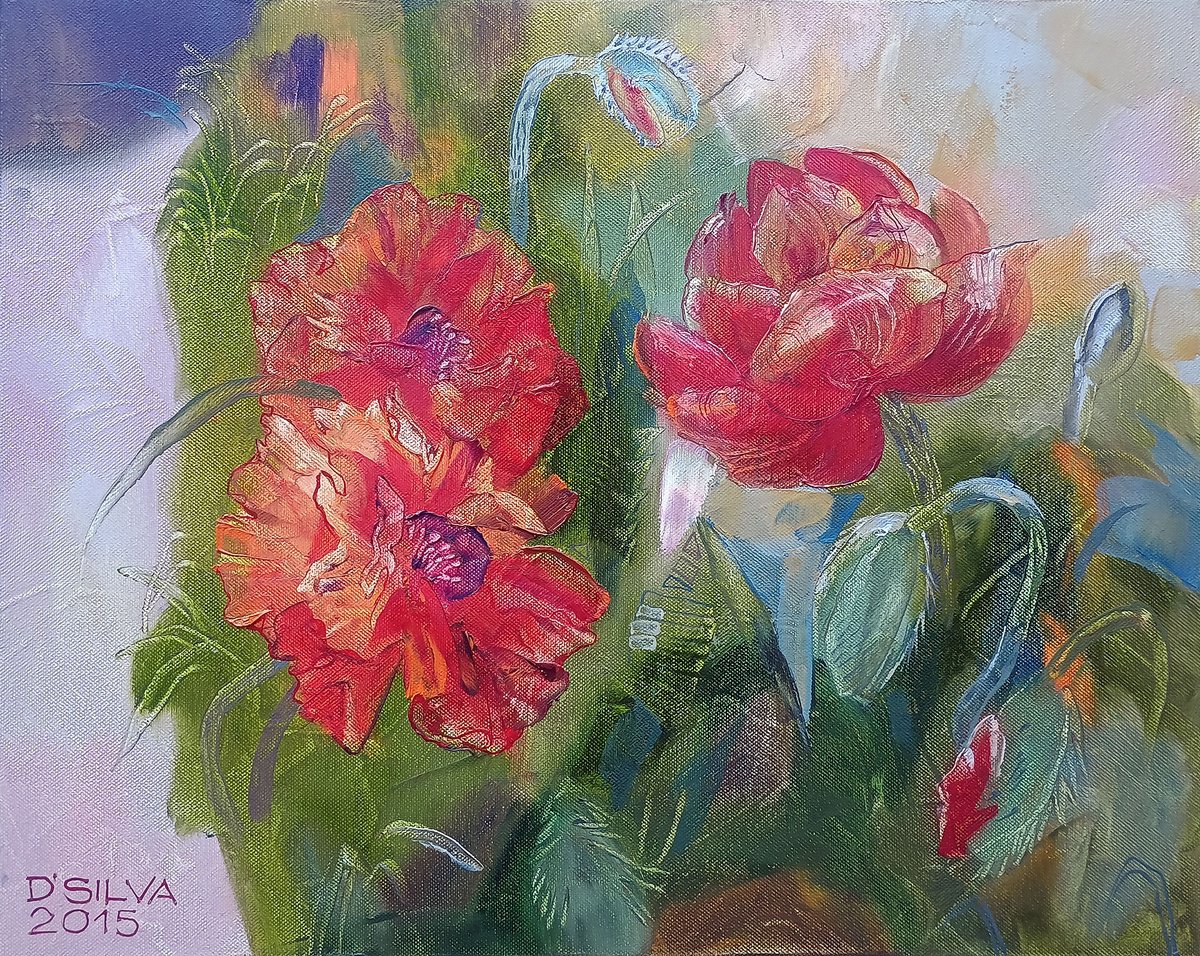 Photorealistic Botanical Oil Painting By Silvija Drebickaite, 20 X 16", Poppy Bloom, Original Artwork