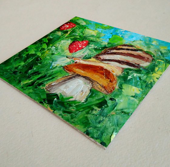 Snail Painting Mushroom Original Art Strawberry Wall Art Small Artwork Oil Impasto Painting