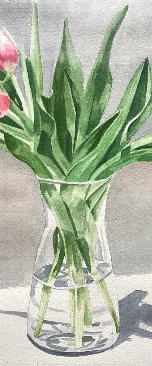 Tulips in a glass vase by Rosalind Forster