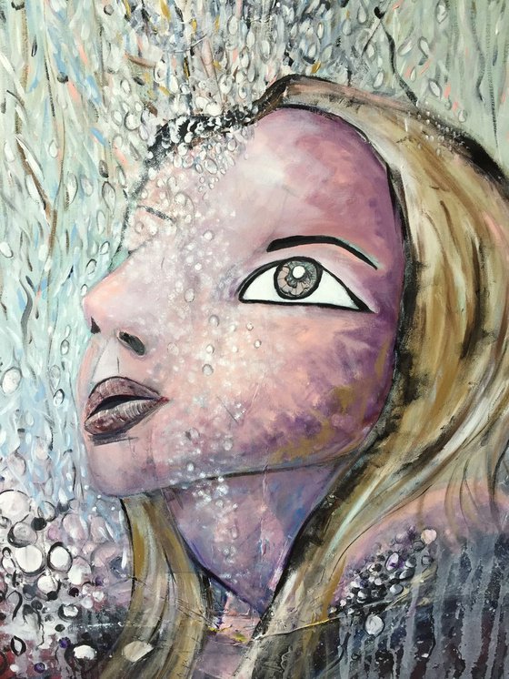 Rain Drops Acrylic Painting Large Canvas Art Original Artwork Woman Submerged 40"x50" Free Shipping