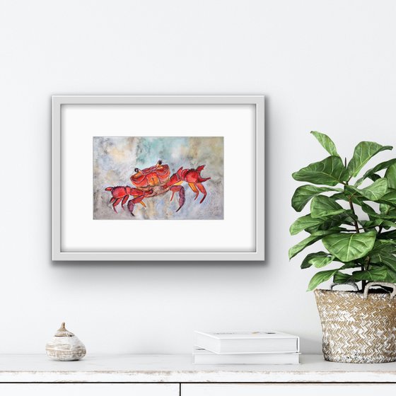 Animal original painting - Red Crab mixed media watercolor - Nautical wall art - Gift idea