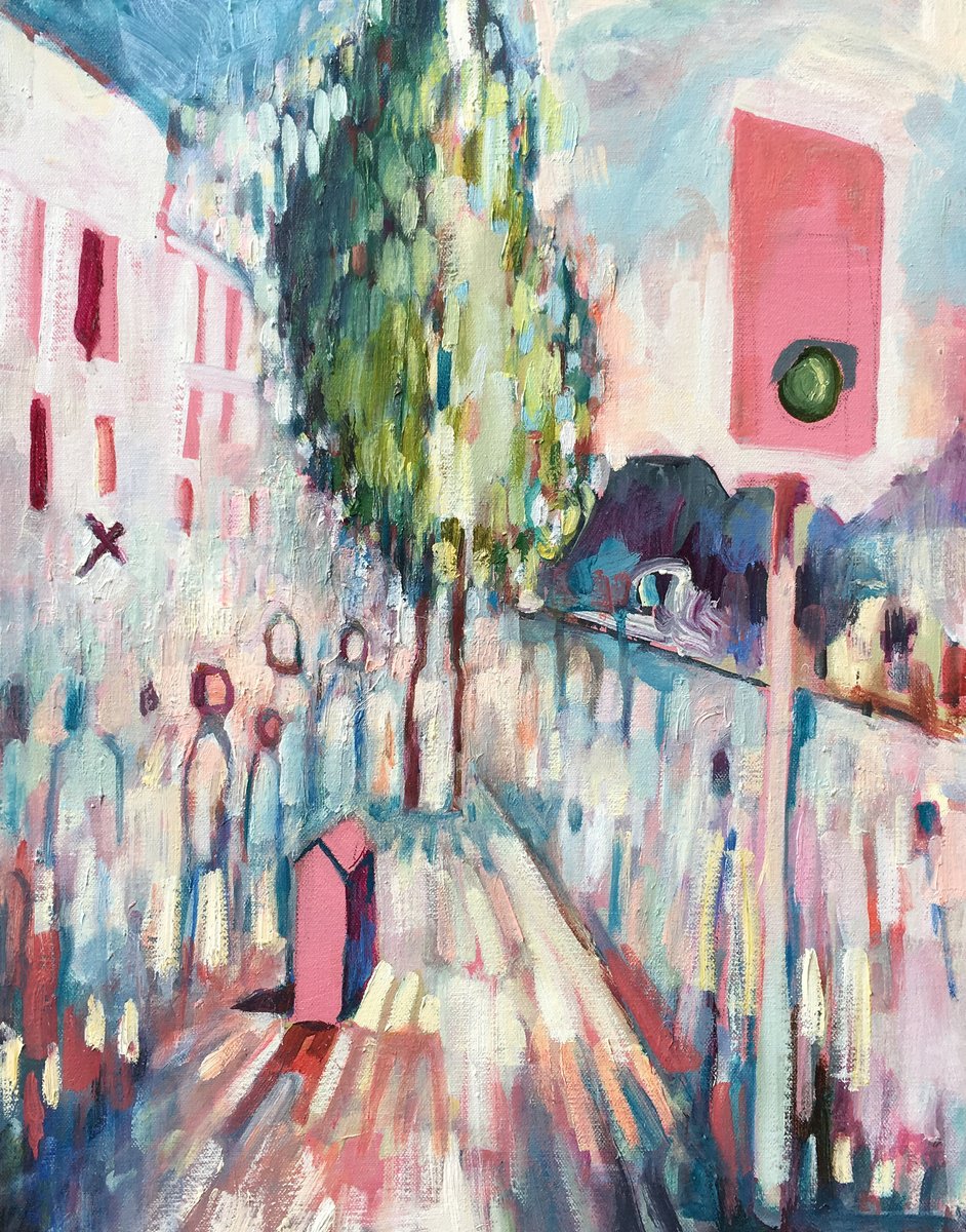 Impressionistic Cityscapes Oil Painting By Guy Pickford, 16 X 21, Comings And Goings, Original Artwork