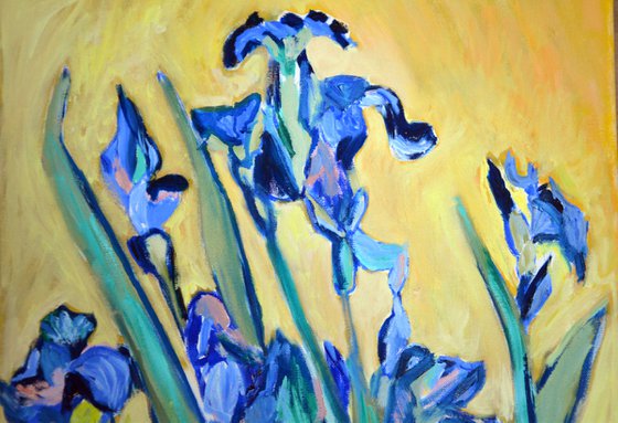 Irises on the yellow background inspired by Vincent Van Gogh