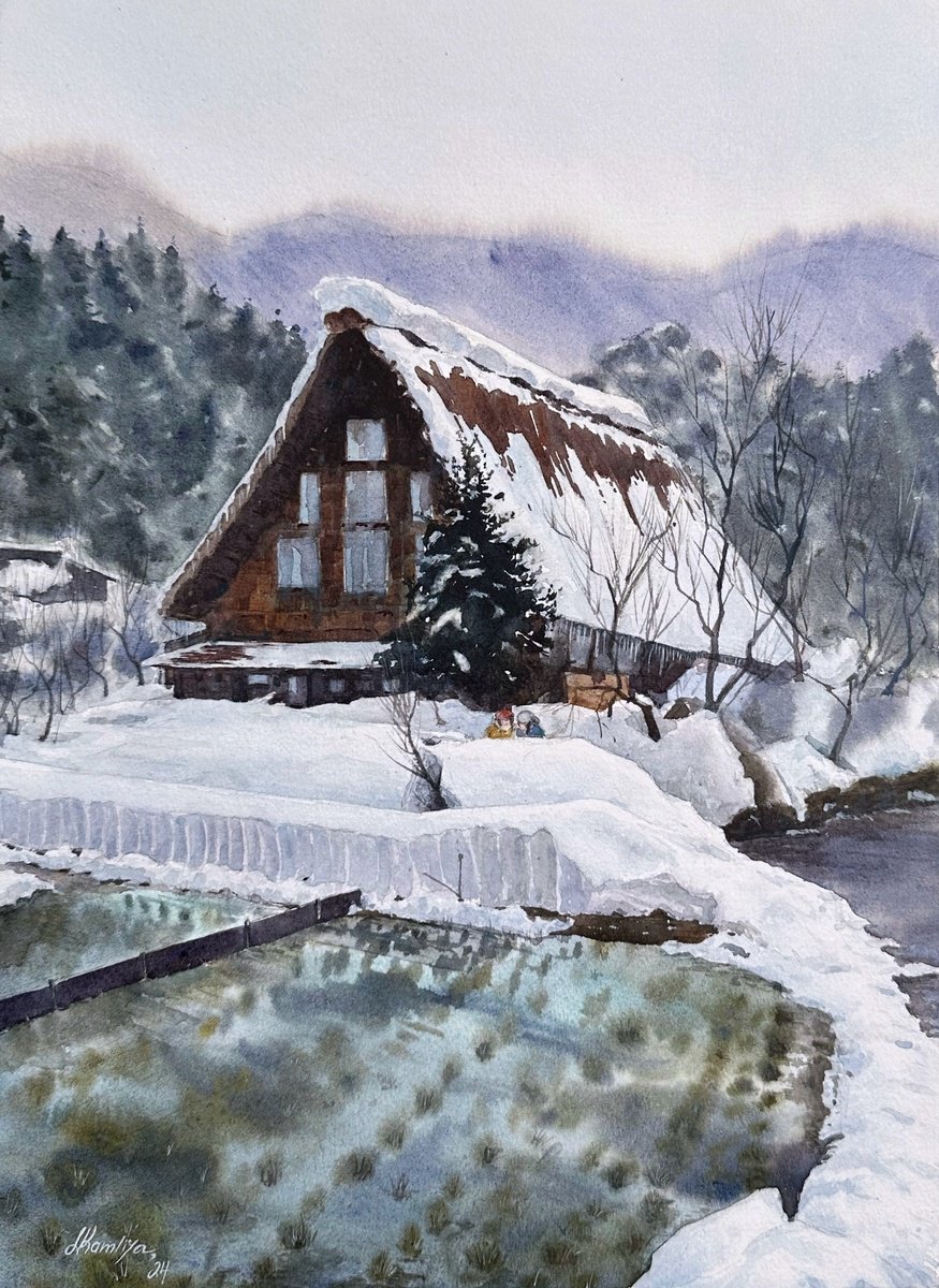 Impressionistic Watercolour , Winter In Shirakawa Village By Leyla Kamliya, 12 X 16, Artwork For Sale On Artfinder