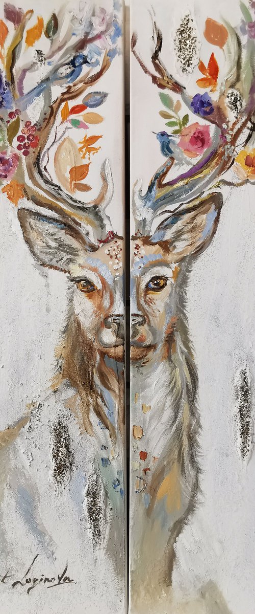 Deers in Norwegian Style: Pair of Vertical Canvases by Annet Loginova