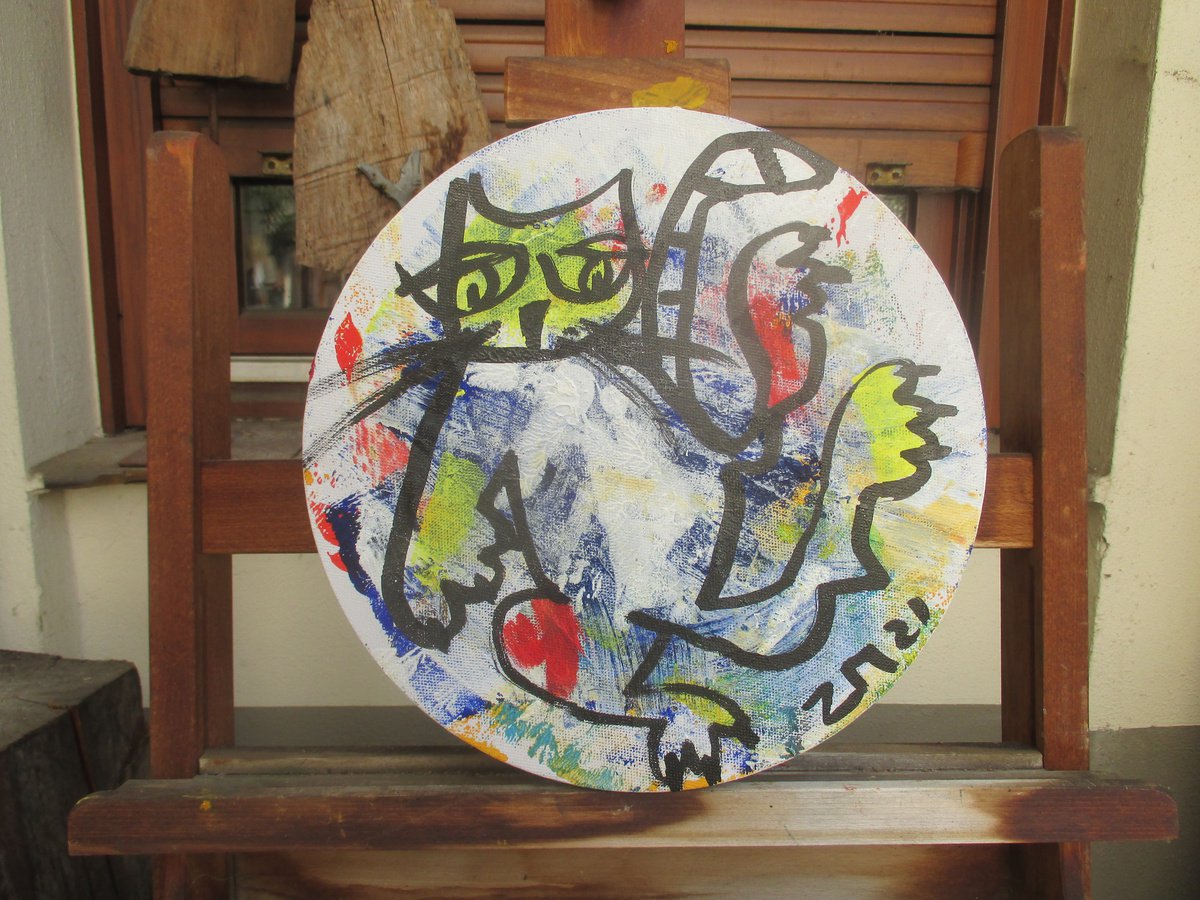 wild cat Oil/Acrylic painting round canvas 11,8 inch by Sonja Zeltner-Muller