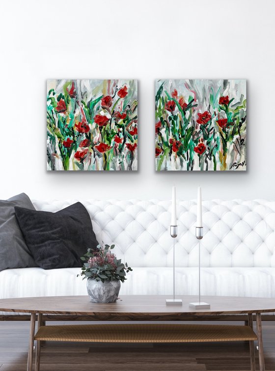 Crimson Red Spring Blooms - Diptych