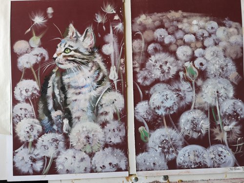 Set of 2 Cat Arts, Cat Original Oil Painting by Annet Loginova