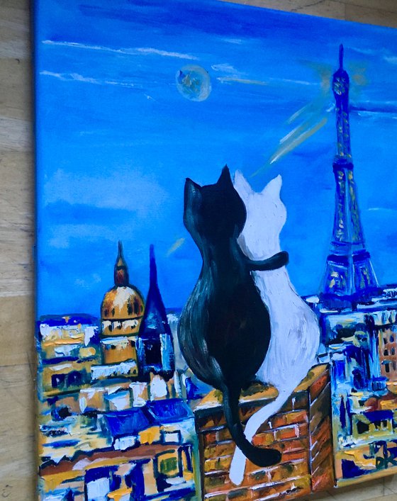 Cats in Paris. Travel to Paris, Parisian roofs , romantic evening.