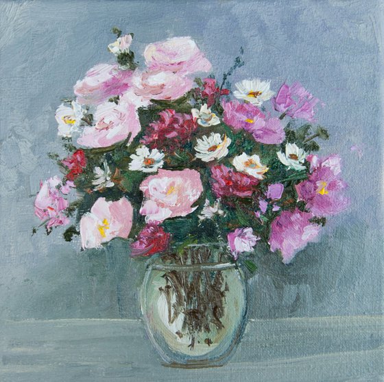 Small Floral painting. Flower still life. Original Art. On canvas 6 x 6in.