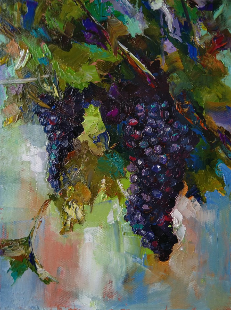 Impressionistic Still Life Oil Painting By Kamsar Ohanyan, 16 X 20", Grapes, Original Artwork