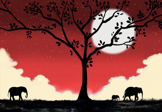 Elephants at Sunset africa animal elephant print red