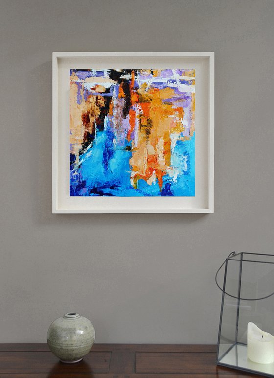 Reflections N 1, Abstract Painting Small Original Art Blue Orange Artwork Multicolor Geometric Wall Art 10 by 10