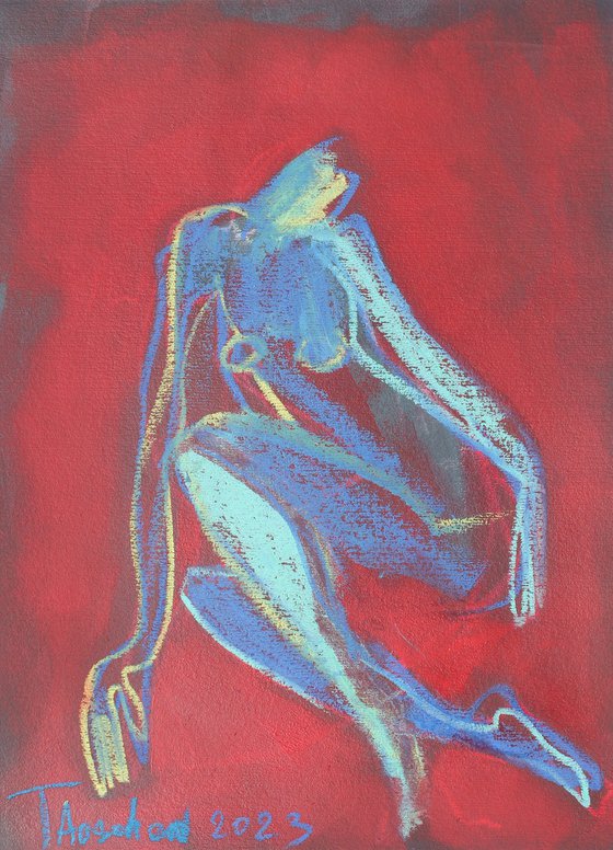 Nude on a red background.