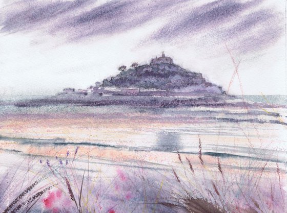 Cornish watercolour, St Michael's Mount with Daisies