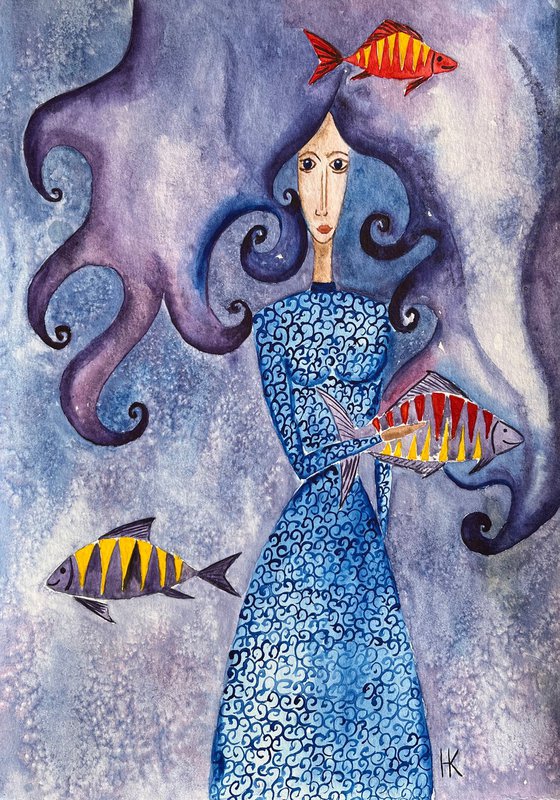 Woman Painting Fish Original Art Figurative Watercolor Artwork 12 by 17" by Halyna Kirichenko