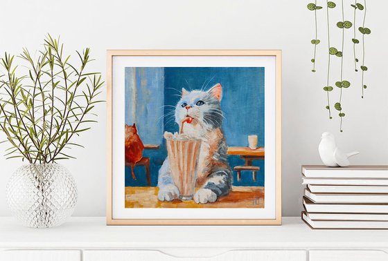 A cat with a milkshake, Cute Cat Portrait Oil Painting Funny Pet Art