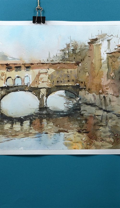 Florence Ponte Vecchio Landscape Watercolor by Marin Victor