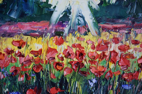 Poppy Painting, Landscape Round Oil Painting on Canvas, Red Field Original Wall Art