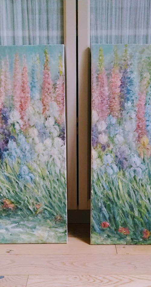 Diptych. Irises in the garden. Original oil panting. by Elena Klyan