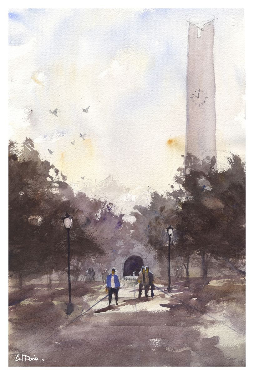 Impressionistic Cityscapes Watercolour By Cj Davis, 15 X 22, Smith Tower, Original Artwork