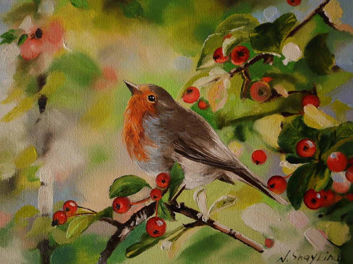 Bird in the garden. Original painting oil on canvas by Natalia Shaykina