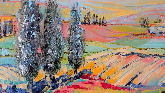 Cypress trees in a colorful world
