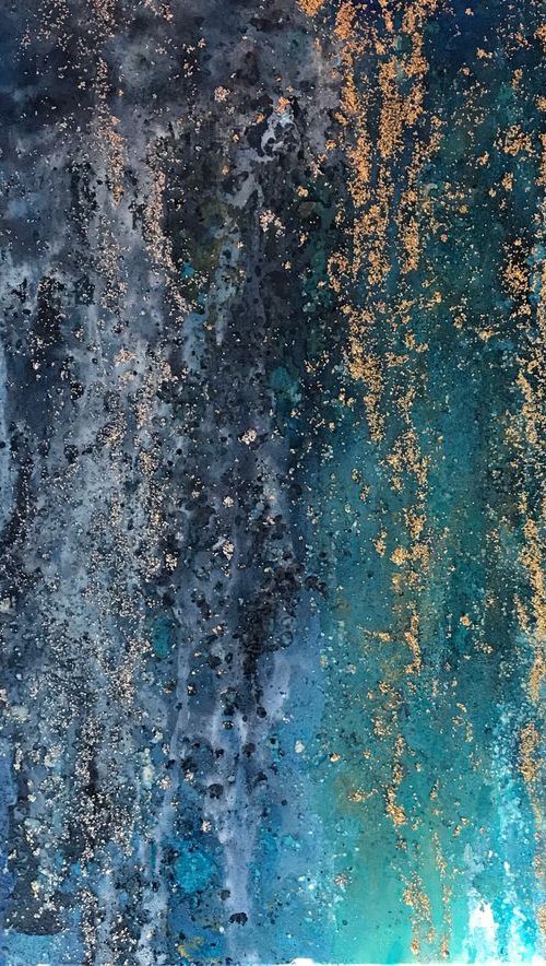 Waterfall blue turquoise gold abstract oil  painting by Henrieta Angel