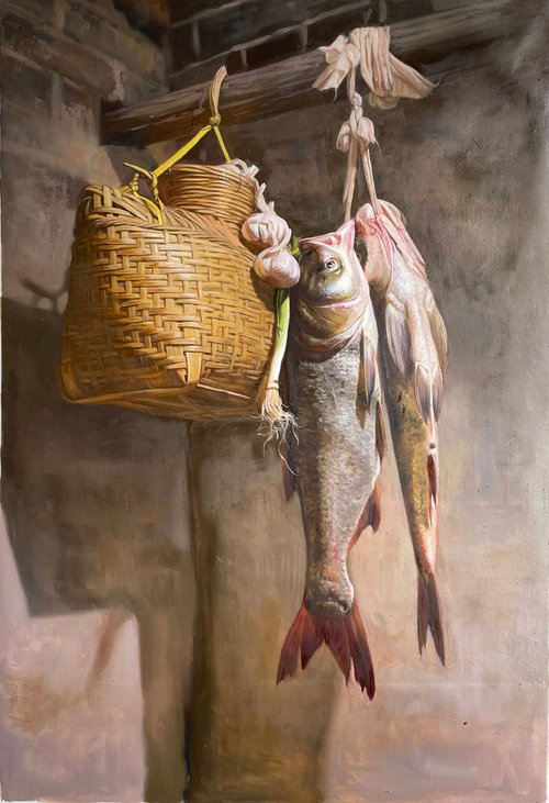 Still life painting:Fish and wicker basket by Kunlong Wang