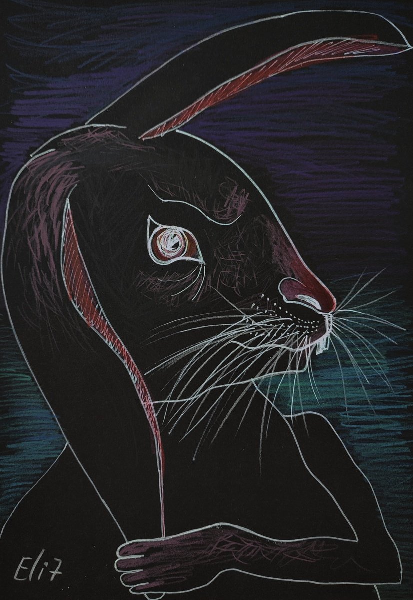Expressive Animal Drawing By Elisheva Nesis, 9 X 13, Black Rabbit, Original Artwork