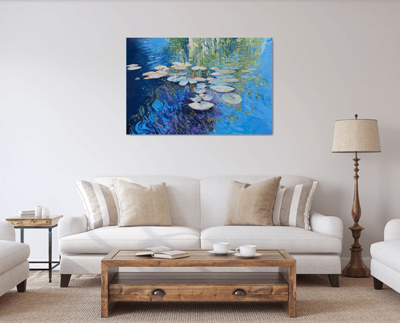 'Water Lilies' Large Impasto Lilly Pad Water Reflections Oil Painting