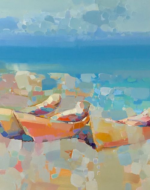 Rowboats Original oil painting, Handmade artwork, One of a kind by Vahe Yeremyan