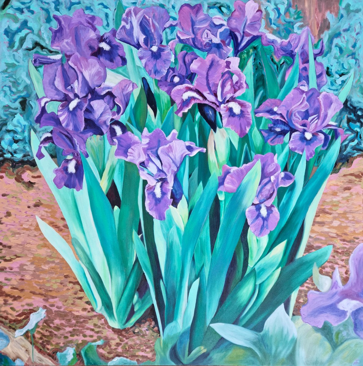 Impressionistic Botanical Oil Painting By Zulfiya Mukhamadeyeva, 35 X 35", Purple Irises, Original Artwork