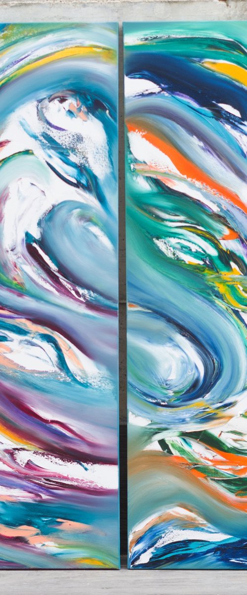 Water dragon, Diptych n° 2 Paintings, Original abstract, oil on canvas by Davide De Palma