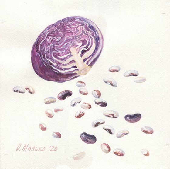 Veggies 7 Red cabbage and beans / Original kitchen watercolor Purple vegetables on a white background