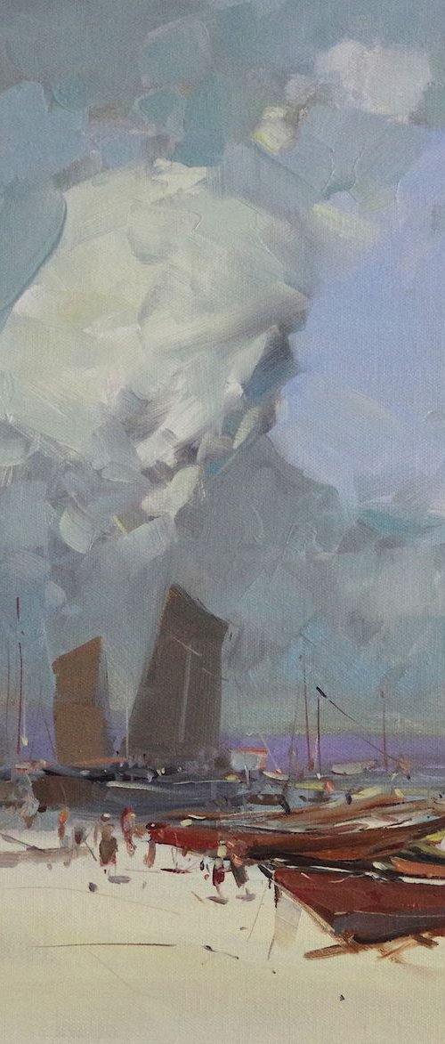 Boats on the Shore, Seascape Original oil Painting, Handmade artwork, One of a kind Signed with Certificate of Authenticity by Vahe Yeremyan