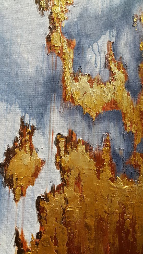 Abstract painting Two passions - expressive gestural, Gold, textures
