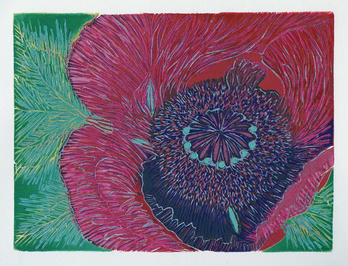 Abstract Botanical Linocut By Angela Maher, 10 X 8, Poppy, Original Artwork