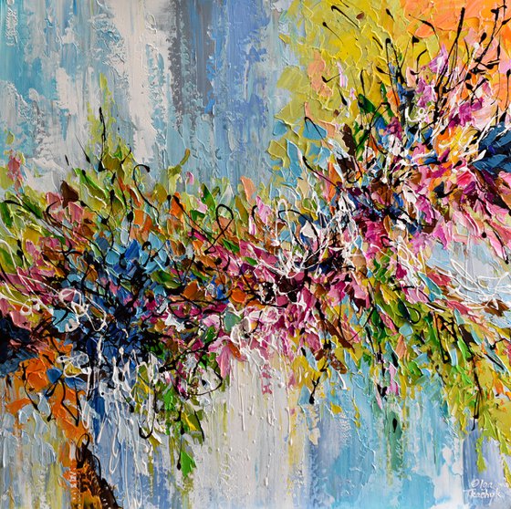 Autumn Bloom - Abstract Floral Painting, Impasto palette knife artwork