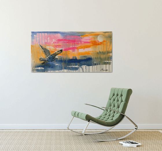 Bright horizontal painting - "Seagull in flight" - Pop Art - Bird - California - Miami - Sea - Ocean - Sunset