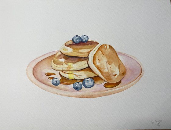 Pancakes and blueberries watercolour painting