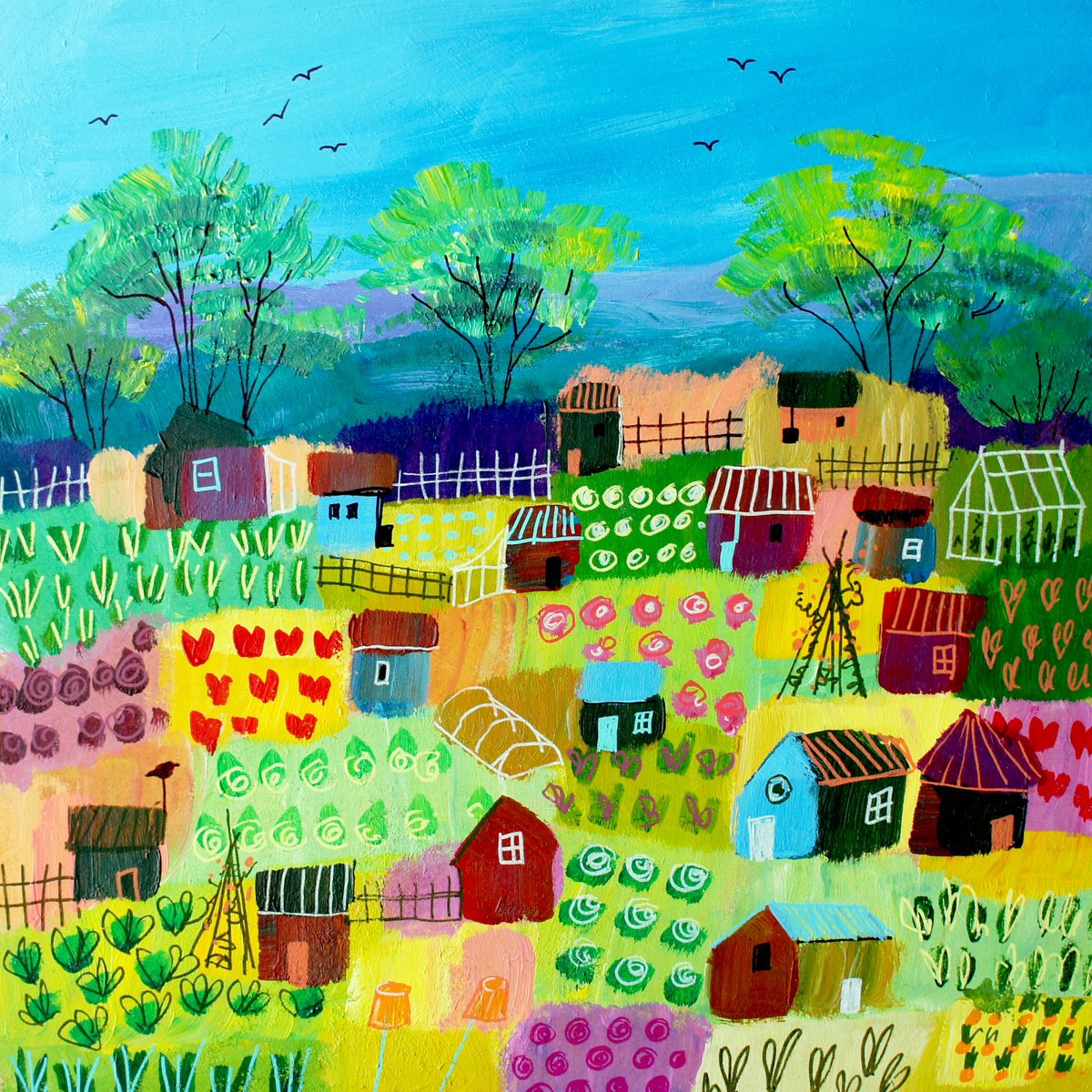 Impressionistic Landscape Acrylic Painting By Julia Rigby, 15 X 15", Allotment Garden, Original Artwork