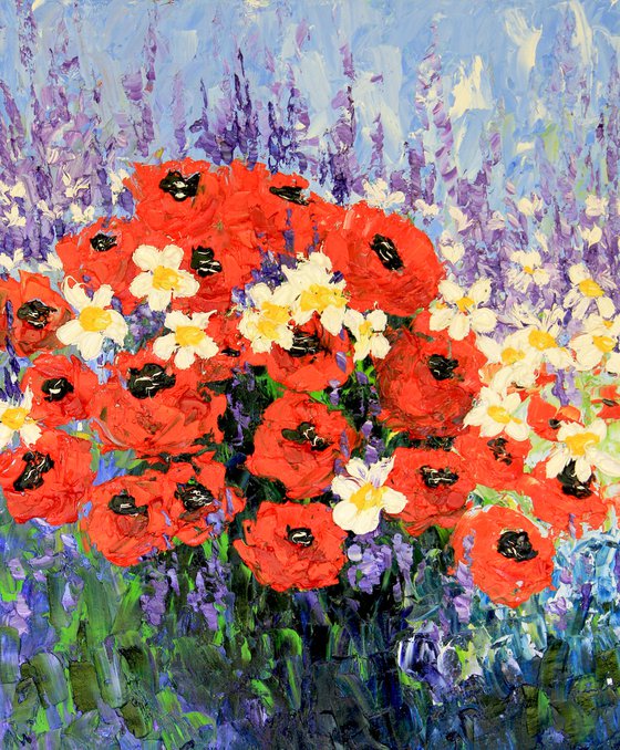 Wildflowers Poppies and daisies Original Oil painting