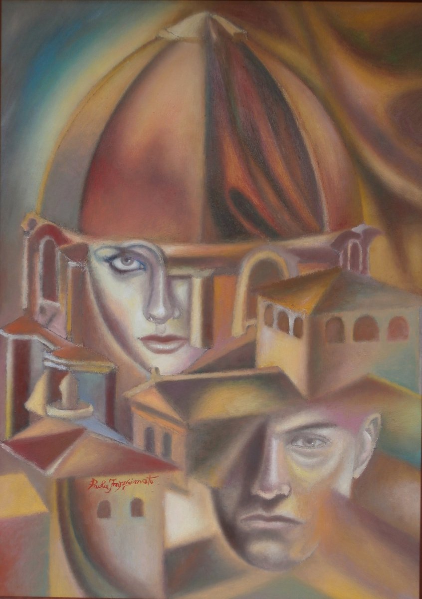 Surrealistic Cityscapes Oil Painting By Paola Imposimato, 21 X 29", Suspended Identities, Original Artwork