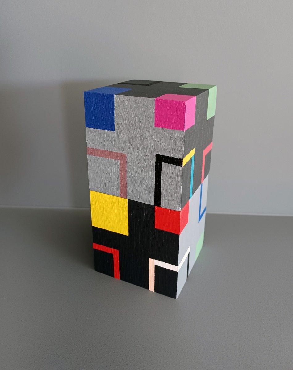 Geometric Abstract Wood Sculpture By Luis Medina, 4 X 7", Cubes Km, Original Artwork