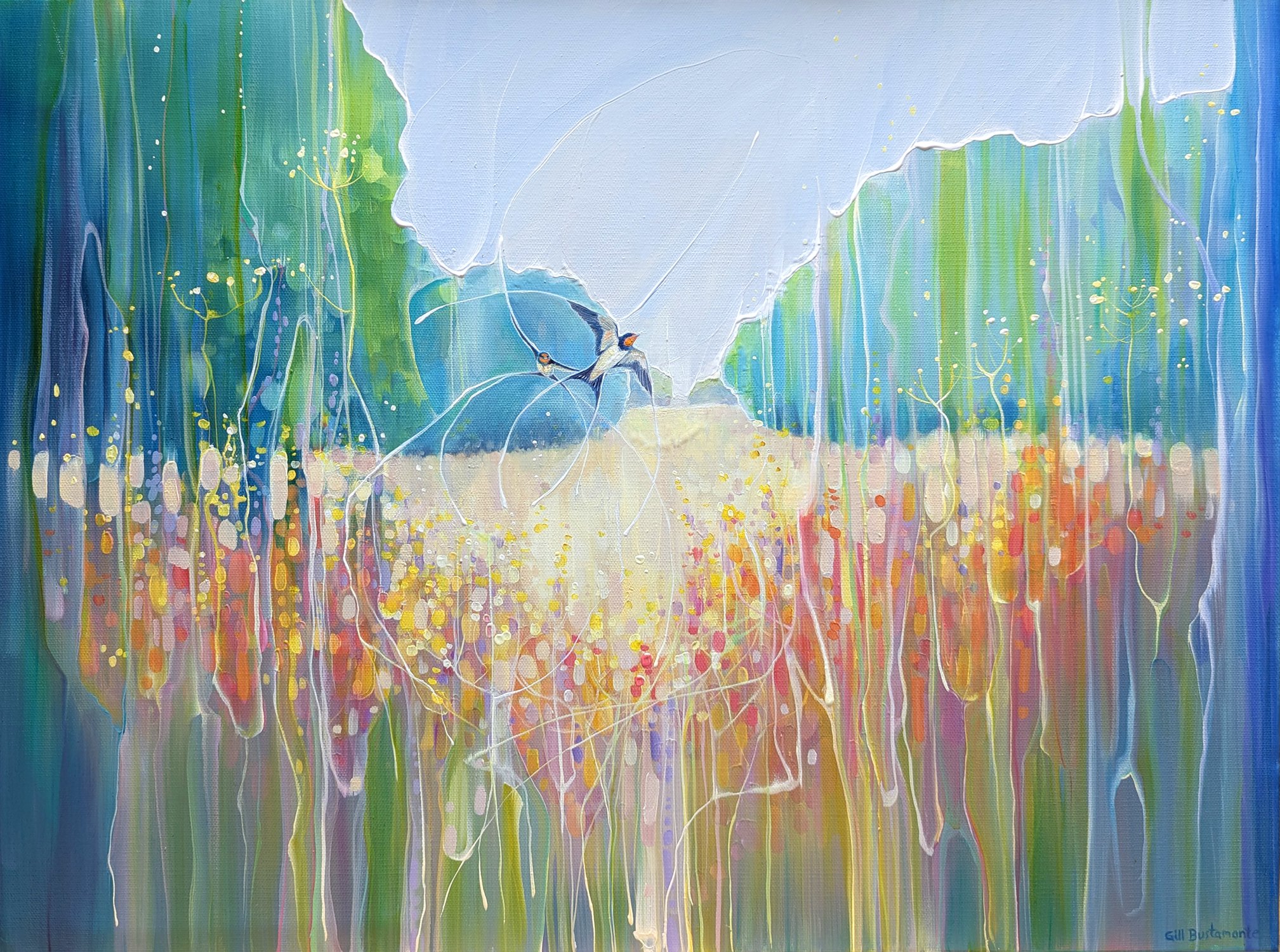 Expressive Landscape Oil Painting By Gill Bustamante, 24 X 18, Summer Dance Over The Meadow, Original Artwork