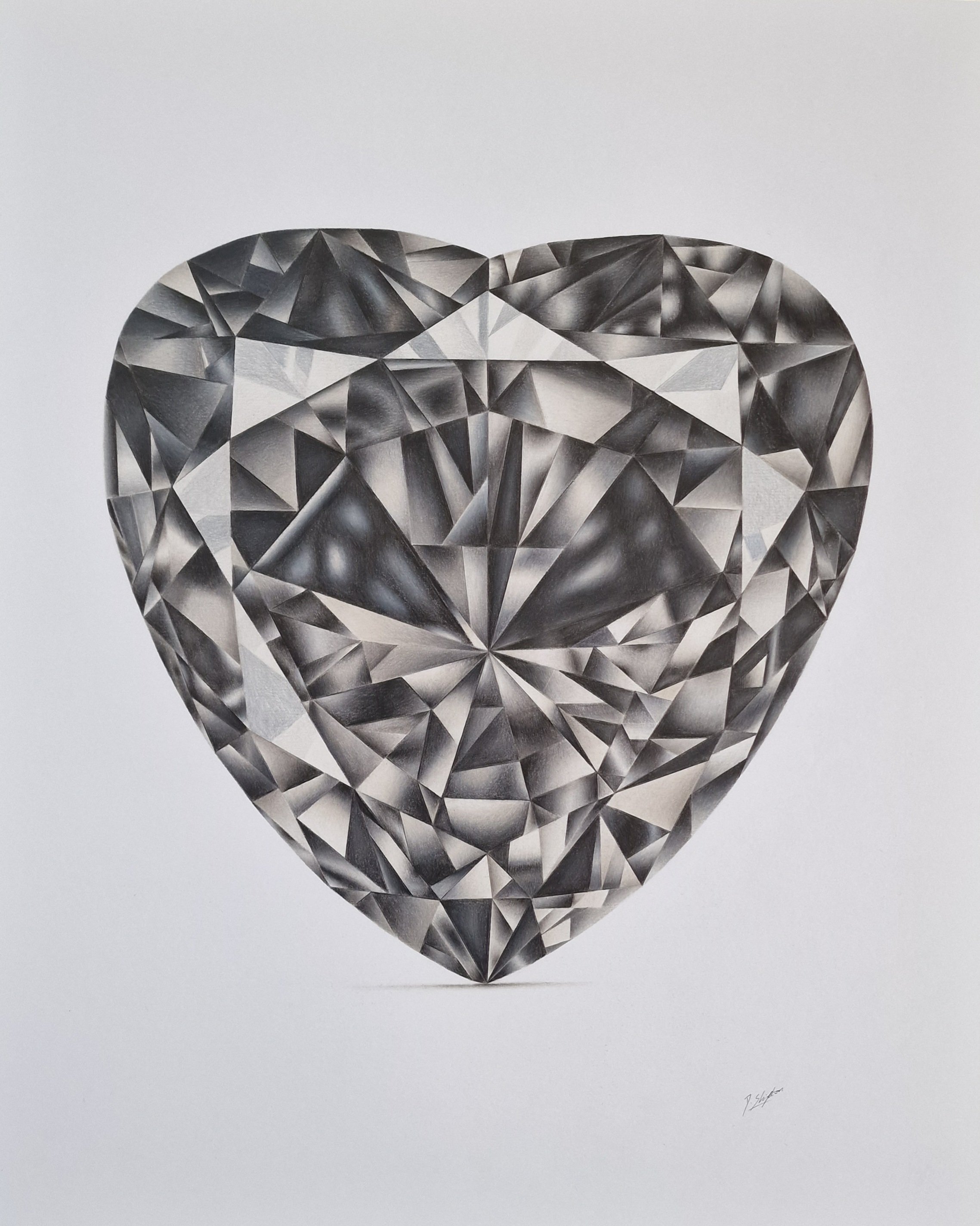 Photorealistic Still Life Pencil Drawing By Daniel Shipton, 16 X 20, Heart Cut Black Diamond, Original Artwork