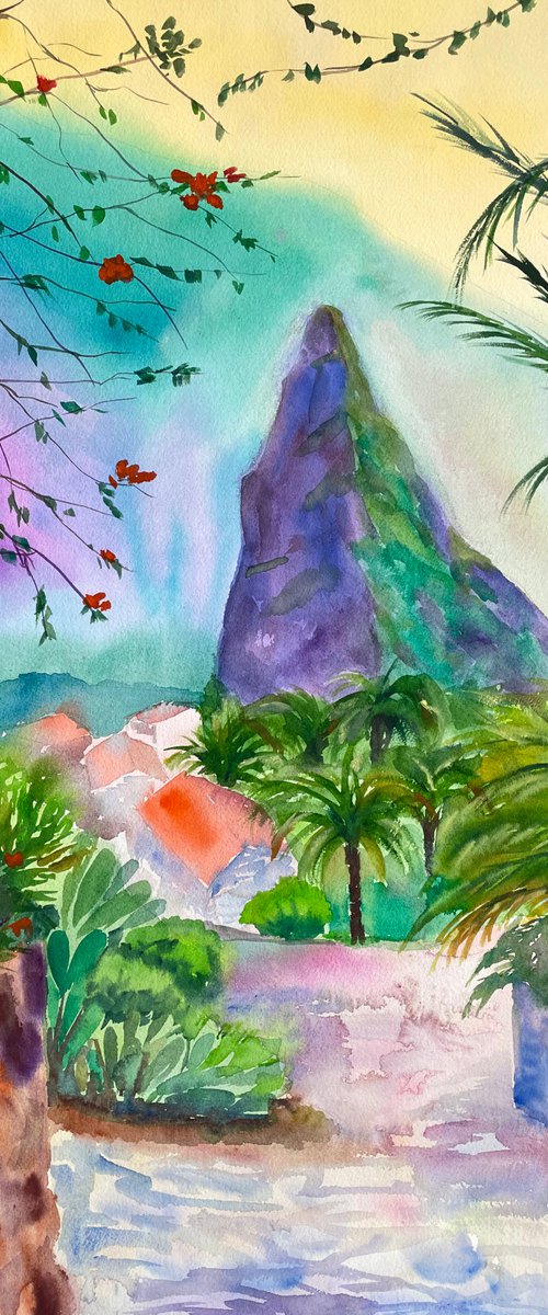 Tropical Original Watercolor Painting, Large Landscape Artwork, Canary Islands Wall Art, Mountain Picture by Kate Grishakova