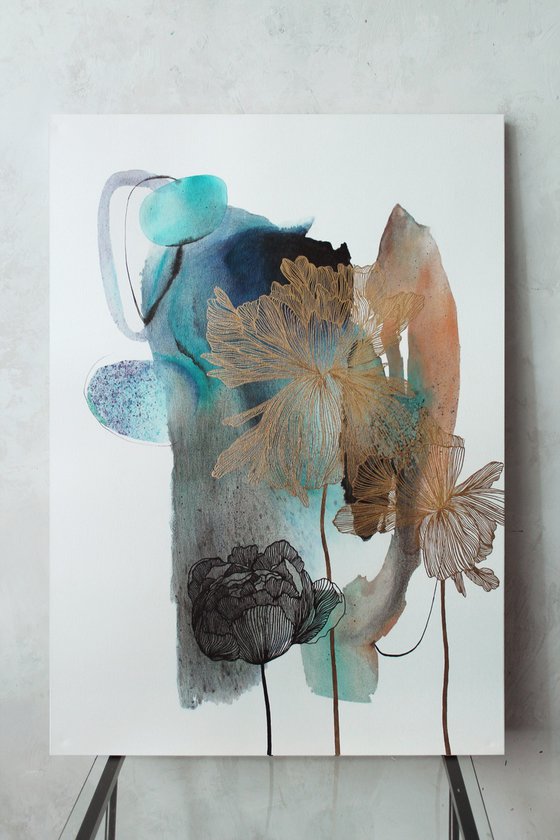 "Thincord" Abstract flowers gold navy art