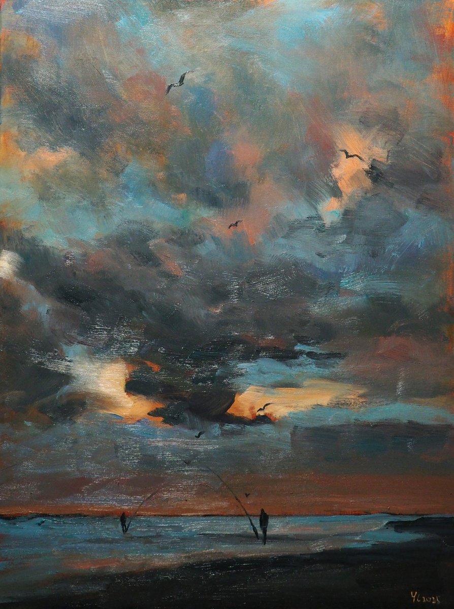 Impressionistic Landscape Oil Painting By Yuanyuan Liu, 24 X 31", Fishing, Original Artwork